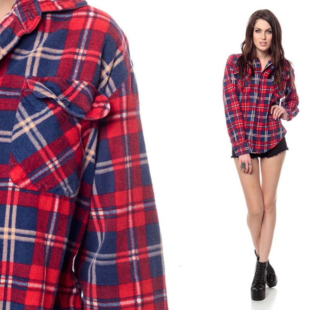 Red Flannel Shirt 90s PLAID Deep Blue Checkered